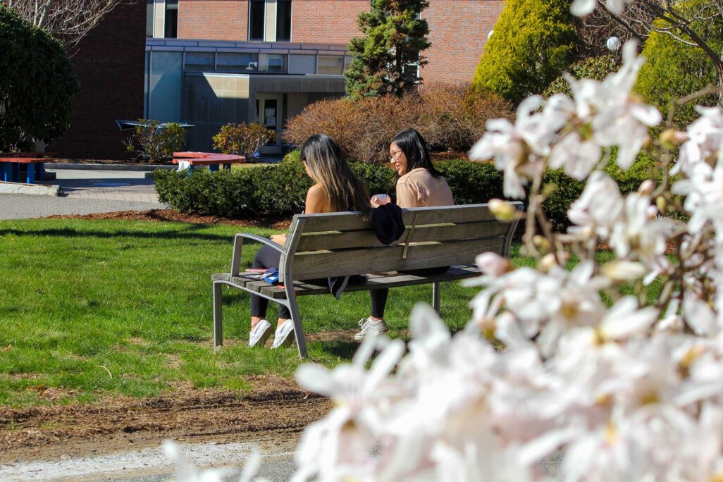 students on a park bench outside university